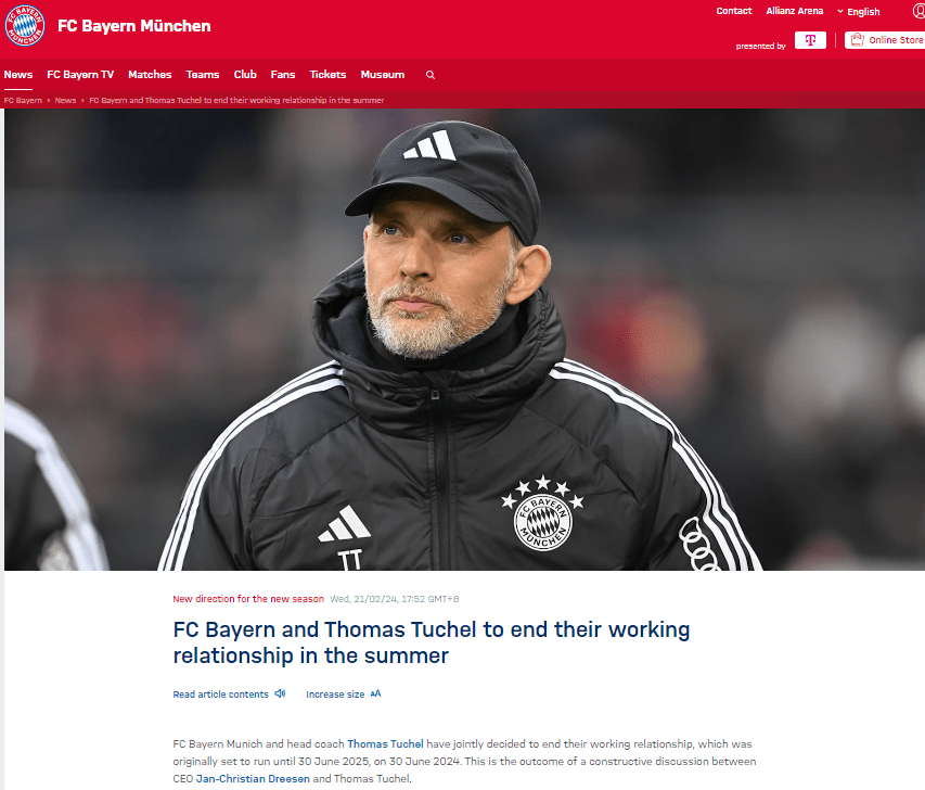 拜仁慕尼黑在官网宣布杜曹季尾离任。网上截图