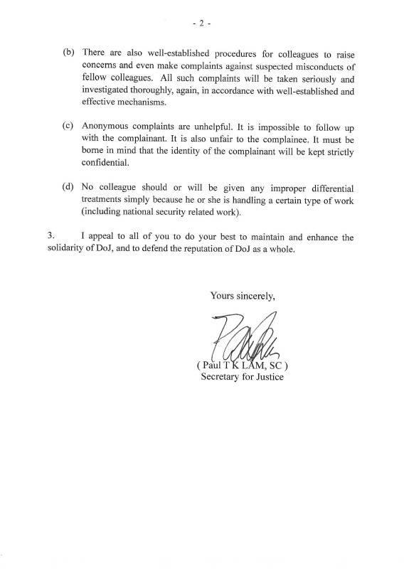 律政司司長林定國向內部發信。 律政司司長林定國向內部發信。