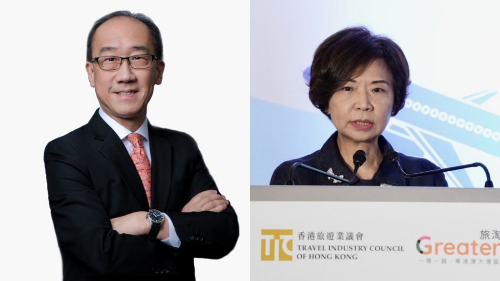 旅議會換屆,譚光舜(左)出任新主席,徐王美倫(右)退居名譽顧問。