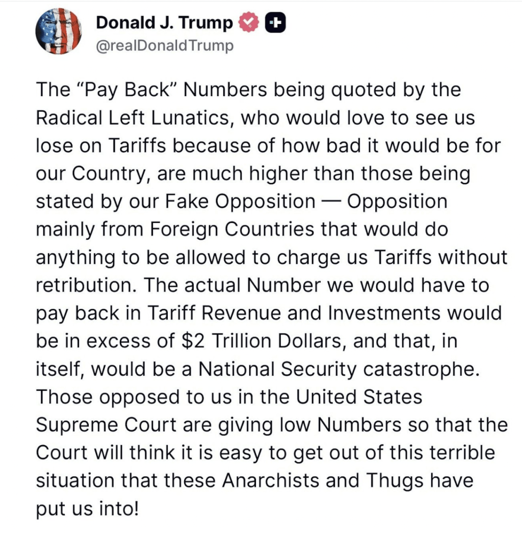 特朗普發帖，強調若法院最終裁定其動用IEEPA徵收關稅的行為違法，所造成的後果將遠超外界預期。