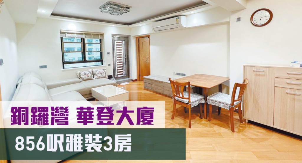 銅鑼灣華登大廈B座中層B1室,實用面積856方呎,叫價1,530萬元。