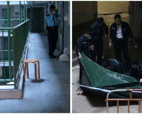10楼走廊外发现遗下一张木櫈。林思明摄
