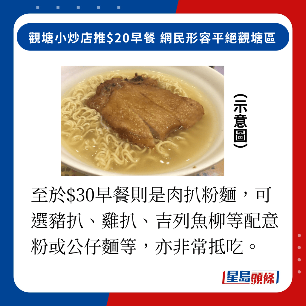 至于$30早餐则是肉扒粉面，可选猪扒、鸡扒、吉列鱼柳等配意粉或公仔面等，亦非常抵吃。