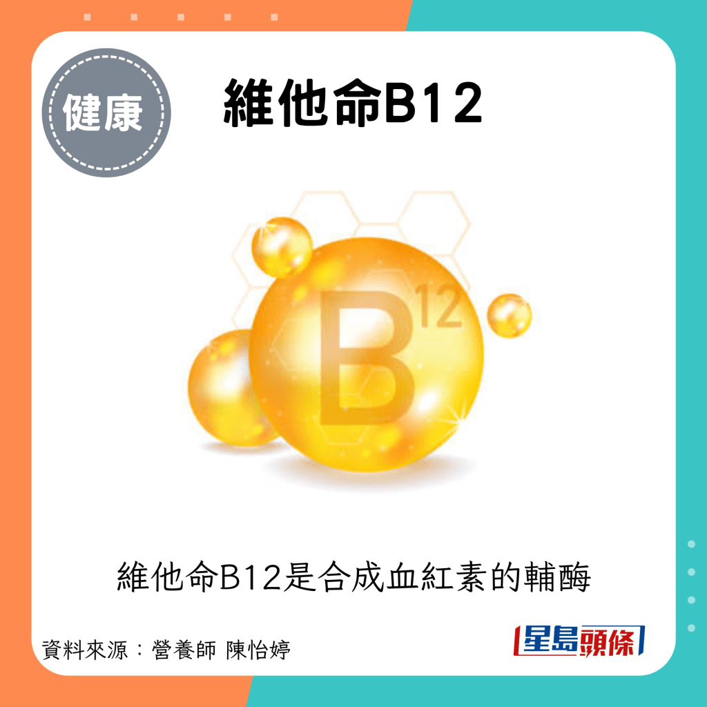 維他命B12：維他命B12是合成血紅素的輔酶