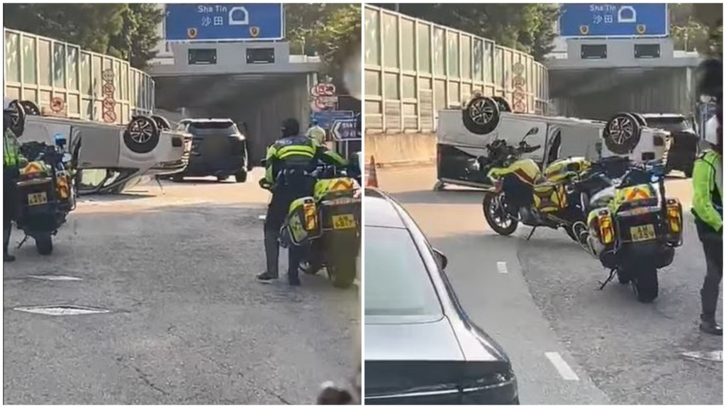 私家車與貨車相撞，貨車四輪朝天。fb 車cam L（香港群組）