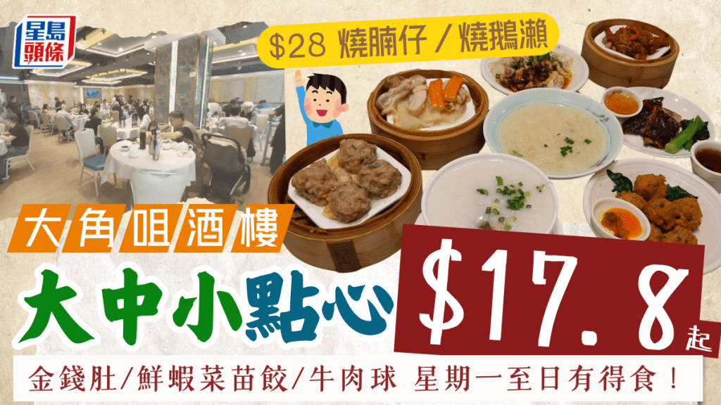 大角咀酒樓茶市優惠 大、中、小點心一律$17.8 金錢肚/鮮蝦菜苗餃/牛肉球 星期一至日有得食！