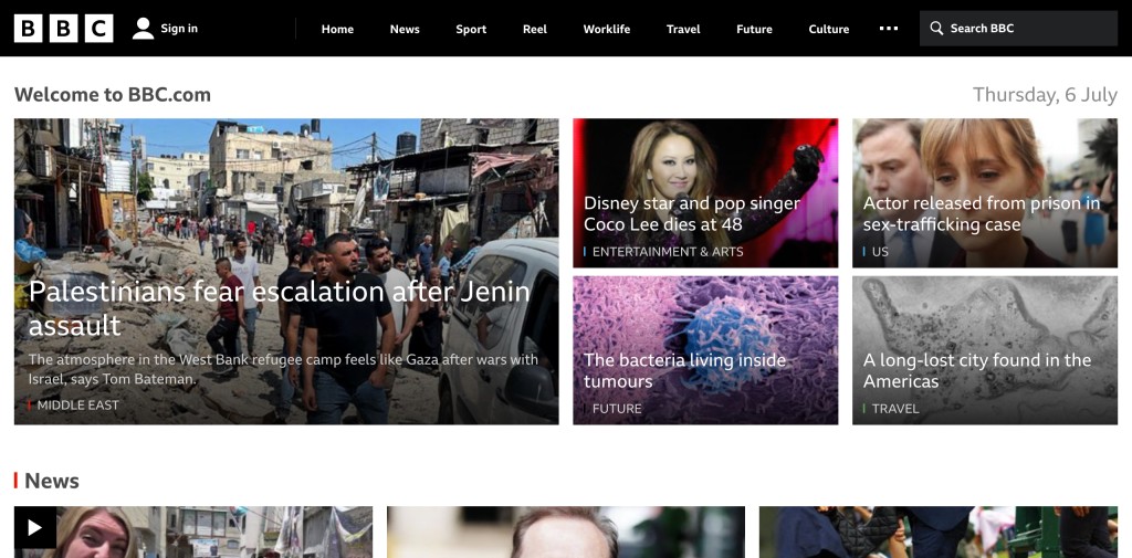 BBC将李玟死讯放在网站首页。