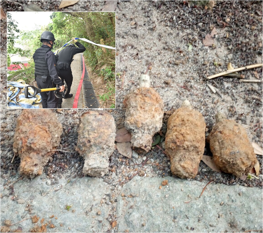 大潭郊遊徑發現共5枚戰時手榴彈。