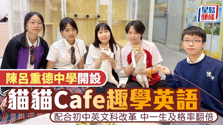幼貓姐妹花CoCo與Lala，成為陳呂重德紀念中學英語「貓貓Cafe」的生招牌。初中英文科主任陳琬茵（中）稱，貓咪令學生願意開口講英語。 佘丹薇攝