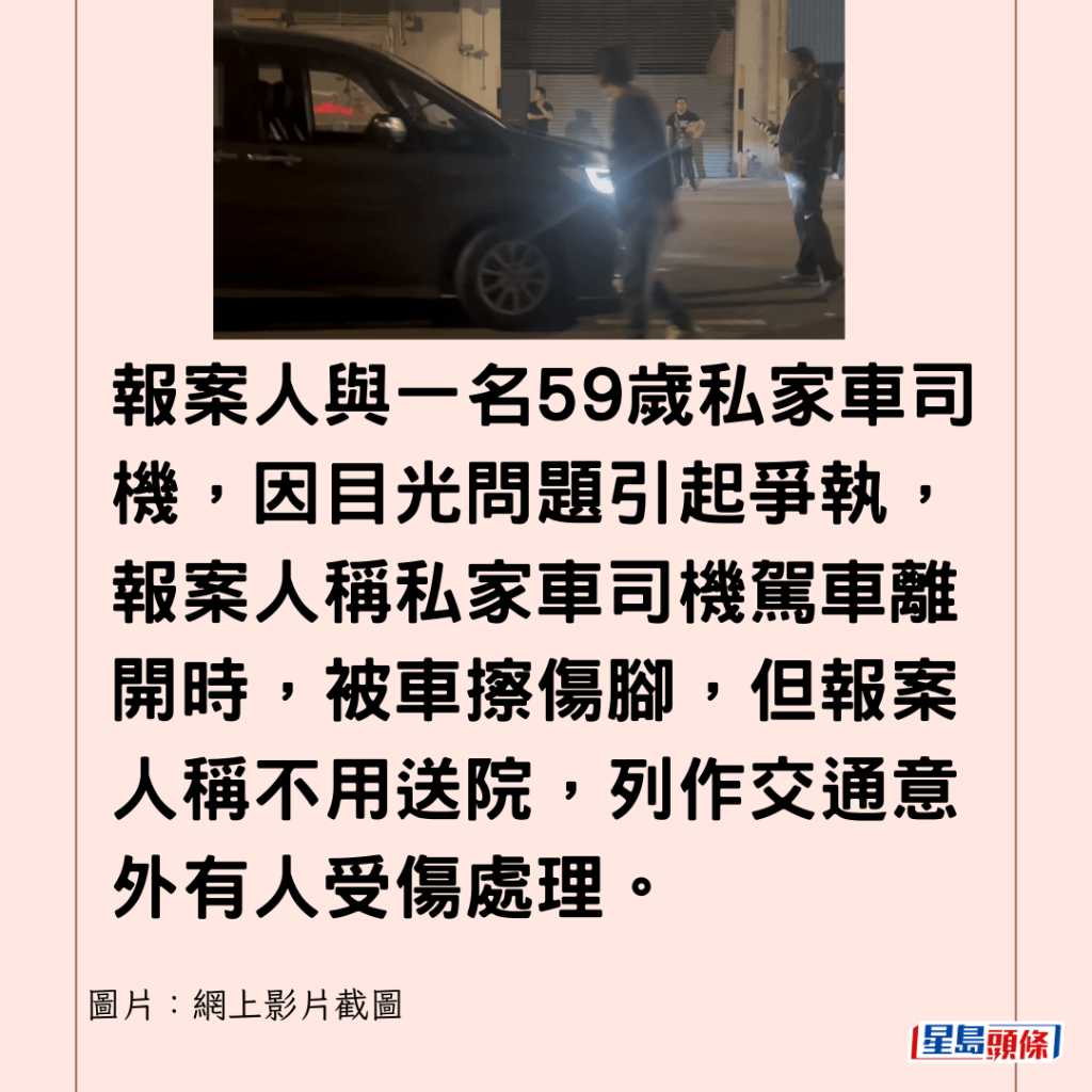  報案人與一名59歲私家車司機，因目光問題引起爭執，報案人稱私家車司機駕車離開時，被車擦傷腳，但報案人稱不用送院，事件中無人被捕，列作交通意外有人受傷處理。