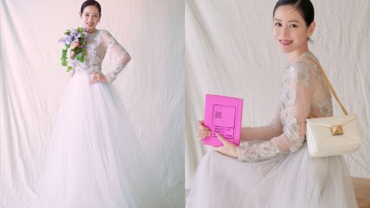 孫藝珍穿上Valentino 2022初秋系列的立體花卉刺繡長袖Wedding Dress，盡展女神仙氣。（圖片來源: maisonvalentino & yejinhand IG）