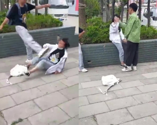 雲南祿豐街頭一名女生遭數名男生毆打。(網圖)