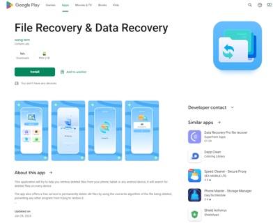 在Google Play發現有2大惡意軟件，分別為「File Recovery & Data Recovery」、「File Manager」（圖片來源：Pradeo）