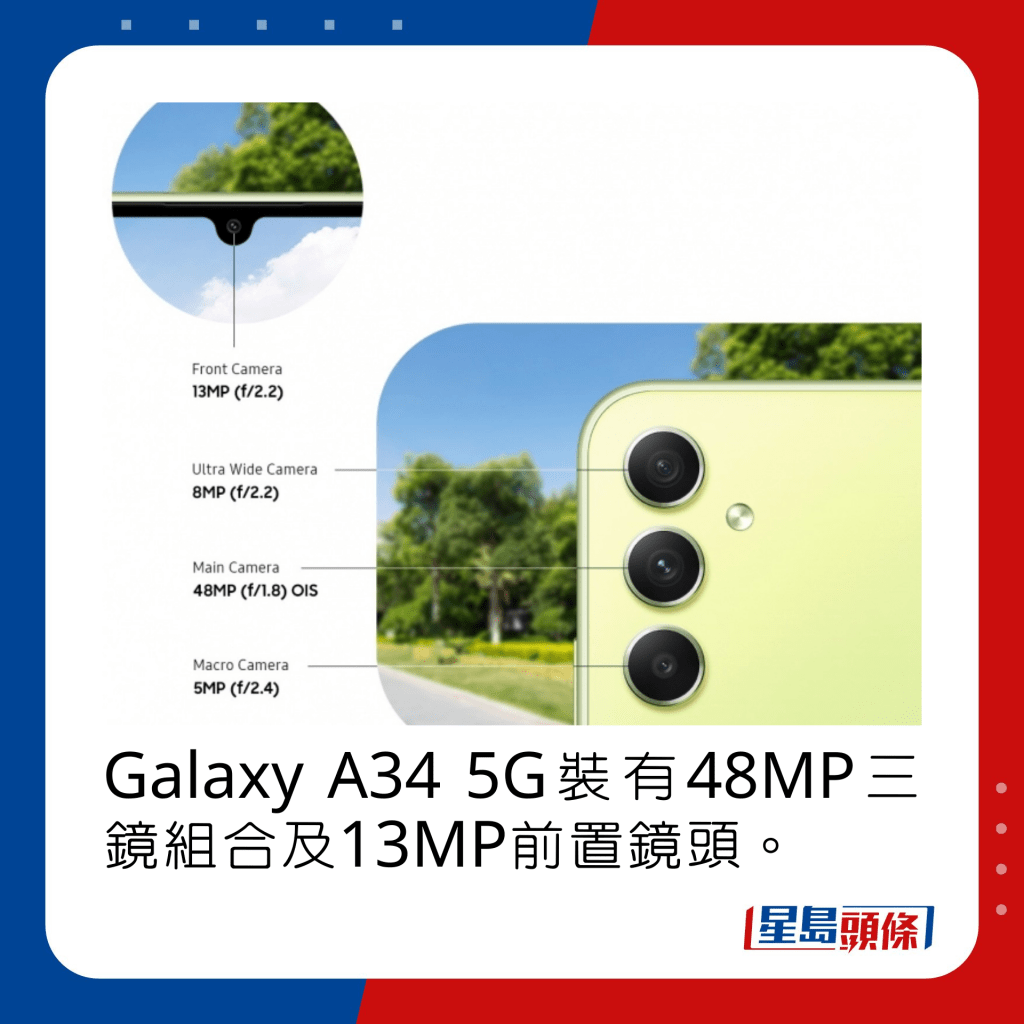 Galaxy A34 5G装有48MP三镜组合及13MP前置镜头。