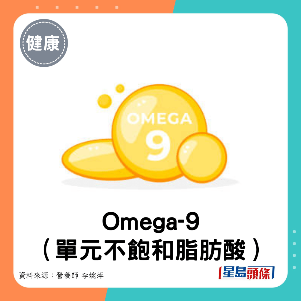 1. Omega-9（單元不飽和脂肪酸）。