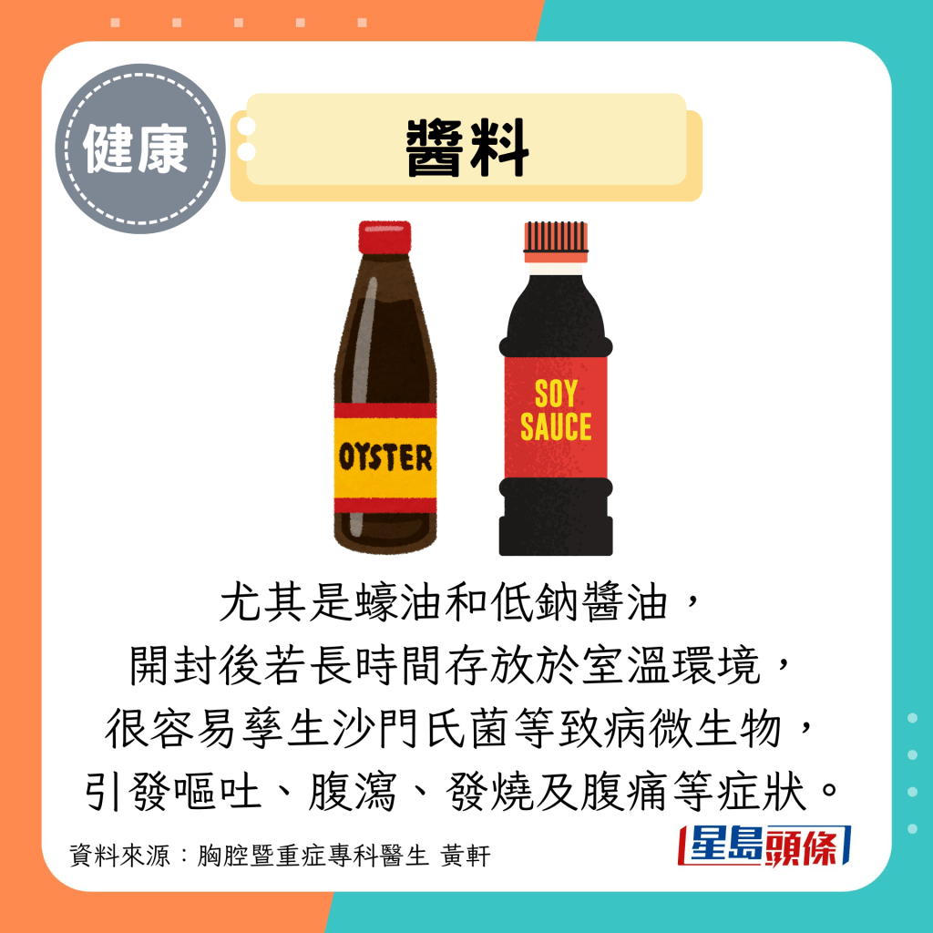 醬料:尤其是蠔油和低鈉醬油, 開封后若長時間存放於室溫環境, 很容易孳生沙門氏菌等致病微生物, 引發嘔吐、腹瀉、發燒及腹痛等癥狀。 醬料:尤其是蠔油和低鈉醬油, 開封后若長時間存放於室溫環境, 很容易孳生沙門氏菌等致病微生物, 引發嘔吐、腹瀉、發燒及腹痛等癥狀。