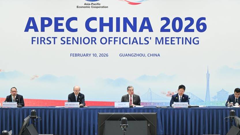王毅（中）在廣州出席2026年APEC第一次高官會。 新華社