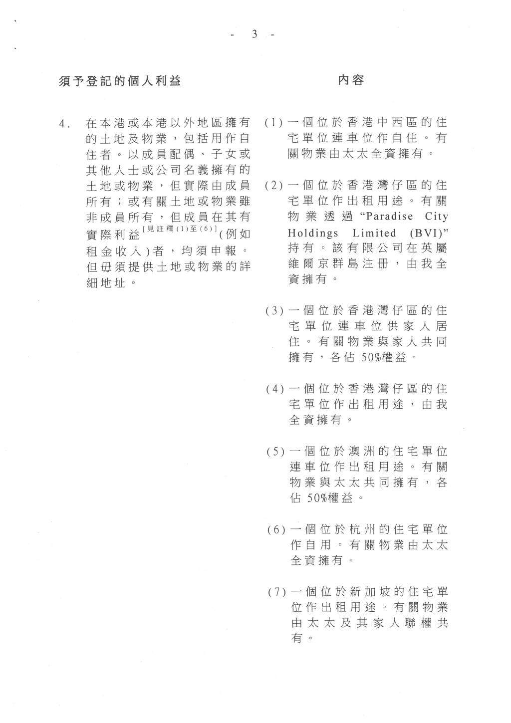 許正宇申報自己或太太全資擁有，或與太太或家人共同擁有7個物業。政府文件