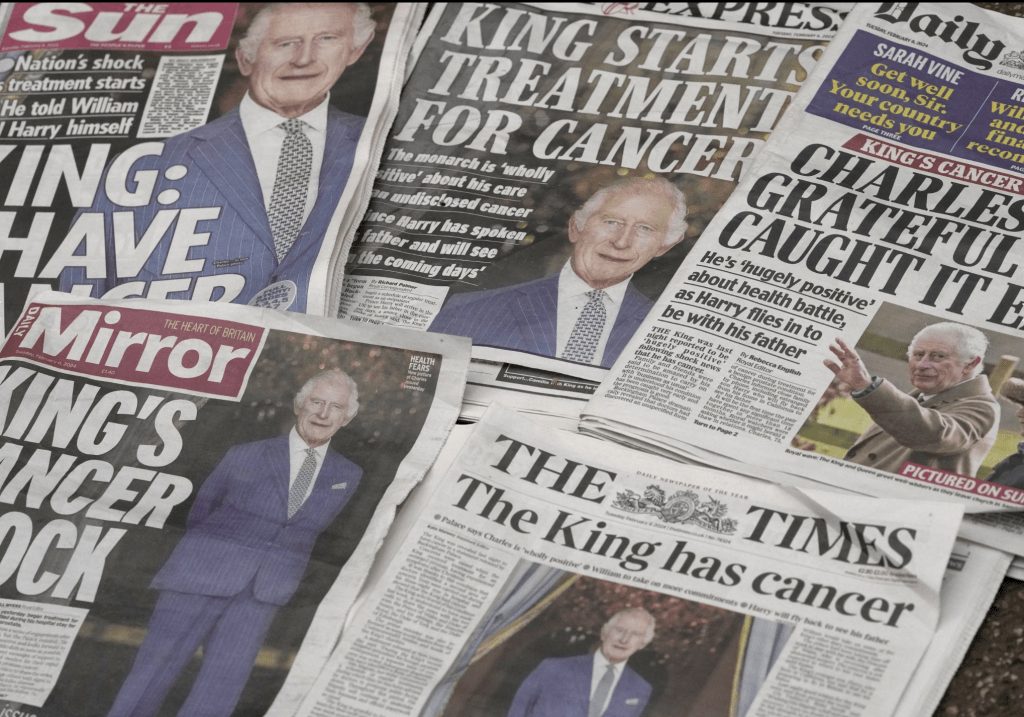 查理斯患癌消息占据英国绝大多数主流媒体的头版。美联社
