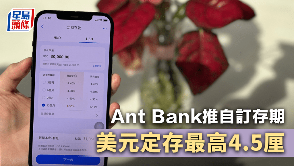 定存攻略｜Ant Bank推自訂存期兼加息優惠 美元最高4.5厘 提早取本金不罰手續費