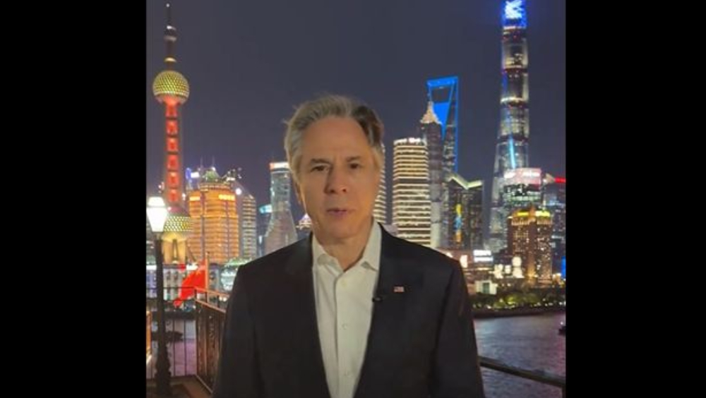 布林肯在X平台上發布錄制於上海外灘的影片講話。 X平台截圖