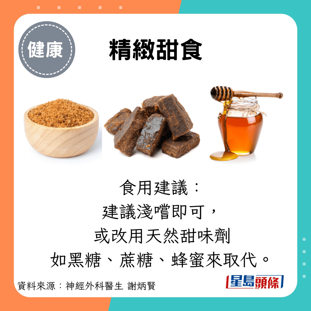 精緻甜食：食用建議： 建議淺嚐即可， 或改用天然甜味劑 如黑糖、蔗糖、蜂蜜來取代。