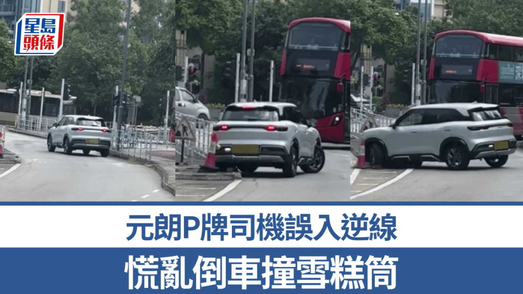 元朗P牌司機誤入逆線 慌亂倒車撞雪糕筒 網民：補鐘啦