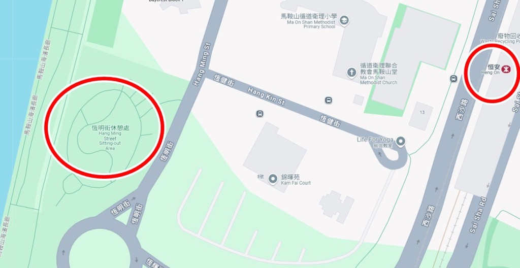 恆明街休憩處鄰近港鐵屯馬線恒安站。Google地圖截圖