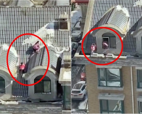 哈爾濱2名女童於屋頂上玩「瀡滑梯」險生意外。影片截圖
