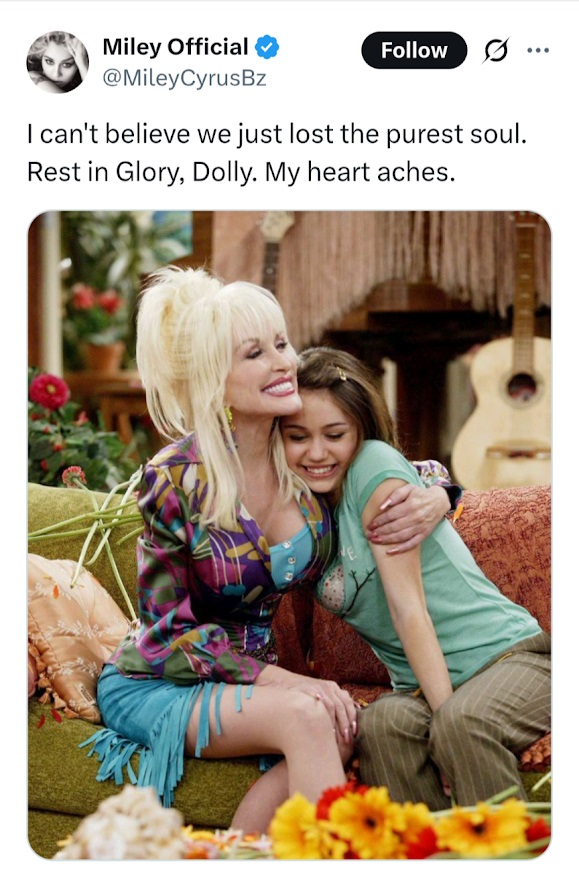 桃莉的教女Miley Cyrus發文悼念教母，更指「我們失去了最純淨的靈魂」。
