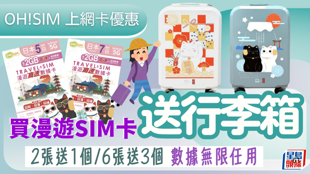 日本SIM卡優惠｜買5G漫遊高速數據卡 即送20吋得意招財貓行李箱！2張送1個／6張送3個 香港拎卡