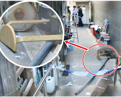 現場地上遺下一條水喉通及一張爛凳。

