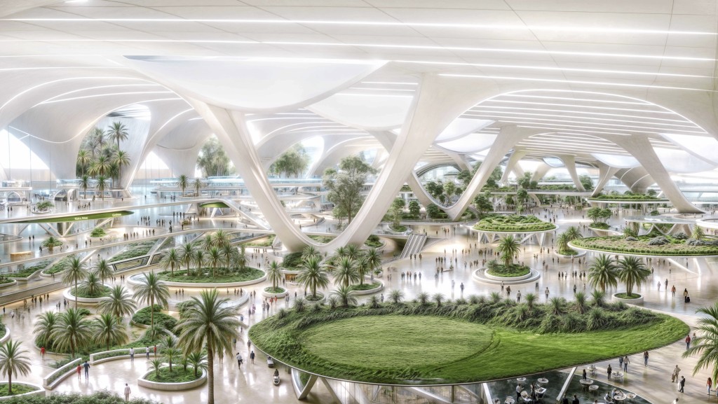 杜拜拟打造全球最大机场的模型图，显示客运大楼内种植大量植物。美联社
