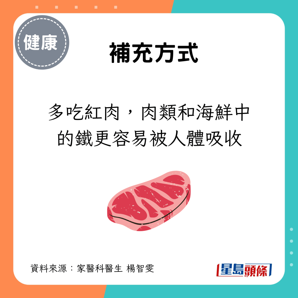 多吃红肉，肉类和海鲜中的铁更容易被人体吸收