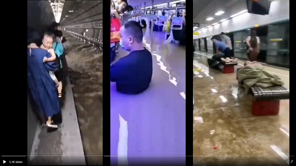 兩年前鄭州水災，雨水灌入地鐵內，致多人死傷。