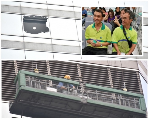 圖上是撞毀的玻璃幕牆；圖下為肇事吊船；小圖是兩位獲救工人。