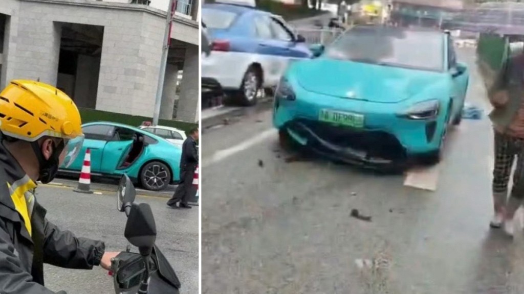 小米SU7電動車於貴陽一小區發生意外。微博@韓東言