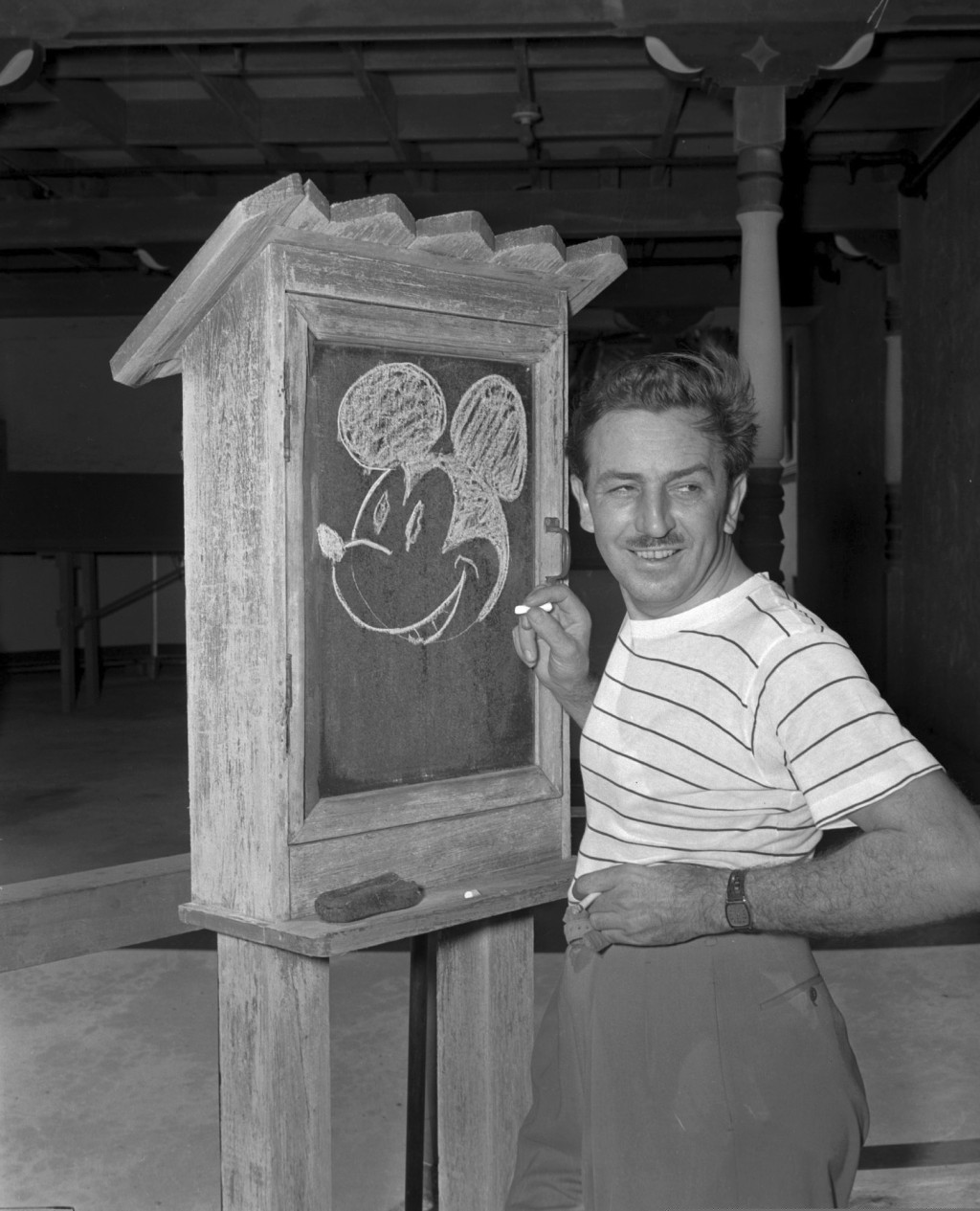 华特迪士尼在1941年和早期的米奇老鼠肖像合照。美联社