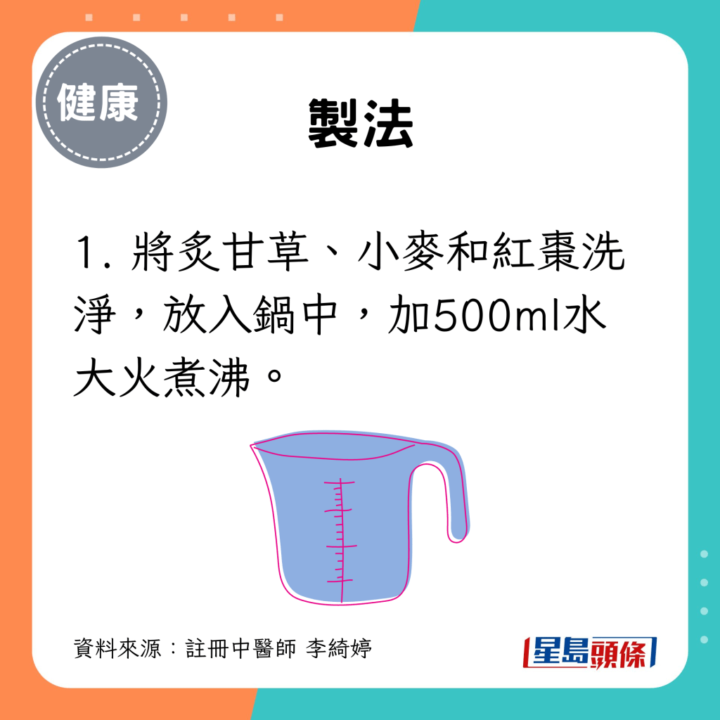 1. 將炙甘草、小麥和紅棗洗淨，放入鍋中，加500ml水大火煮沸。