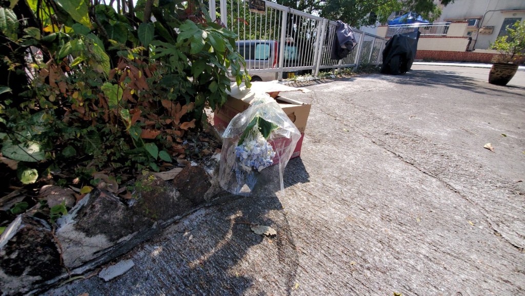 距進兇案單位約50米外，有人在樹下擺放一個紙箱，箱內放有一束鮮花，悼念女死者蔡天鳳的不幸離世。(楊偉亨攝)