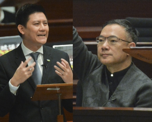 謝偉俊(右)怒轟譚文豪(左)為「無恥狗狼」。黃賢創攝