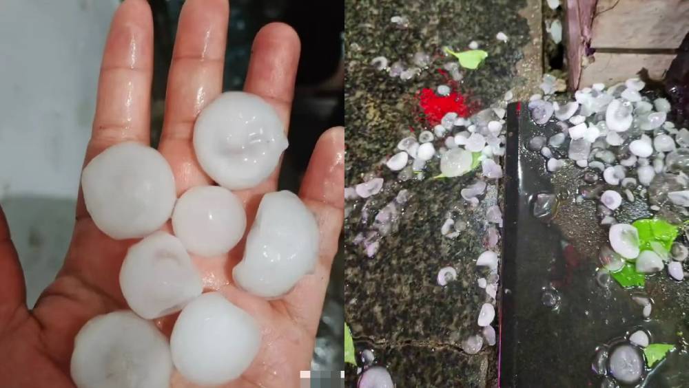 武汉落雹，冰雹如鸡蛋般大。 微博