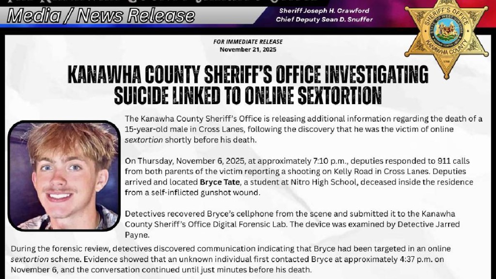 FBI 介入调查网络性勒索。@KanawhaSheriff/X