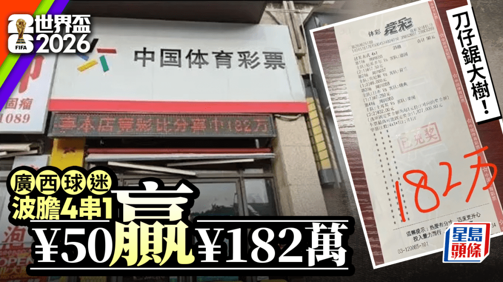 世界盃2026｜廣西彩民競猜「4串1」精準命中4場比分 50元博中182萬巨獎