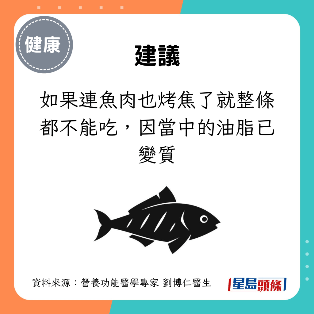 如果连鱼肉也烤焦了就整条都不能吃，因当中的油脂已变质