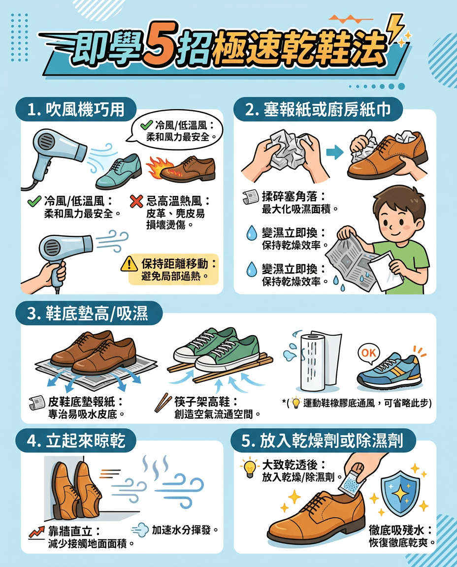即学5招极速干鞋法