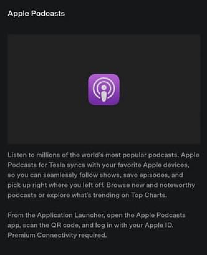 Tesla可以跟Apple装置同步，随时地收听你最喜欢的Podcasts节目。