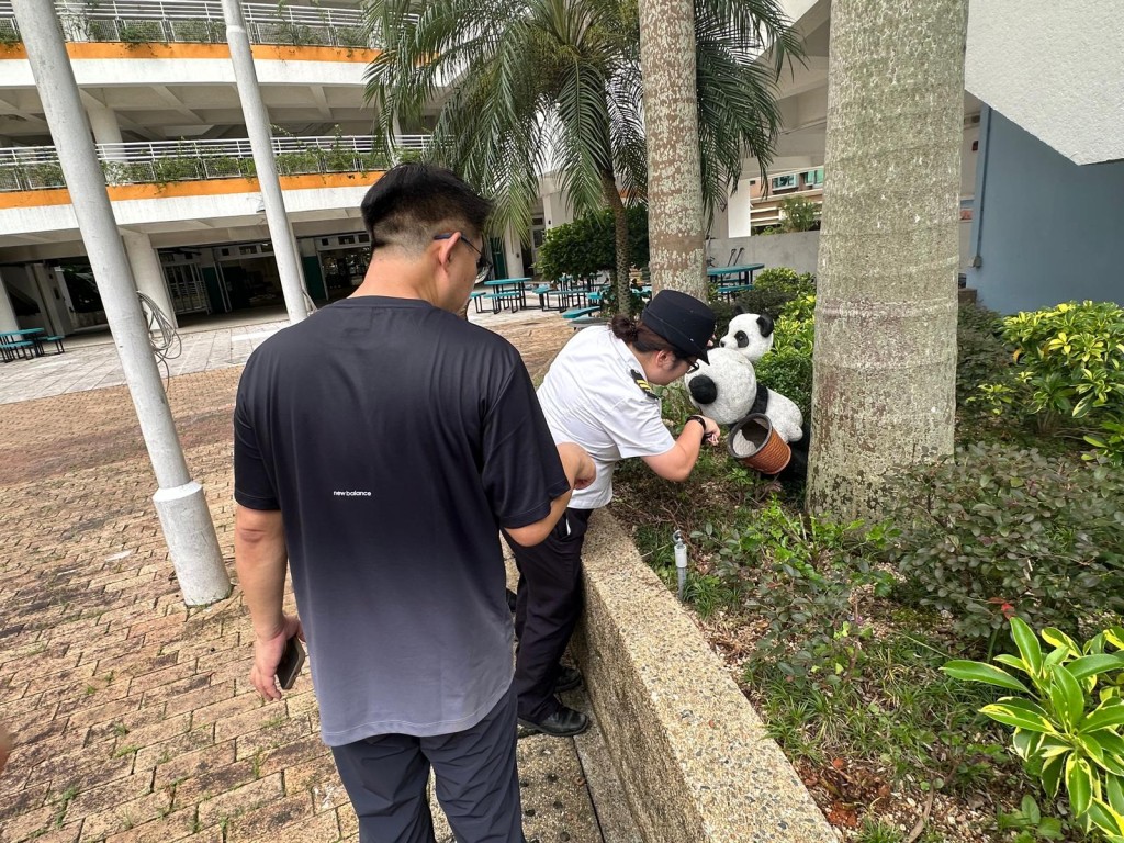 食環署人員聯同馬灣一學校的代表巡視該學校的公共地方會否出現大範圍積水。政府新聞處