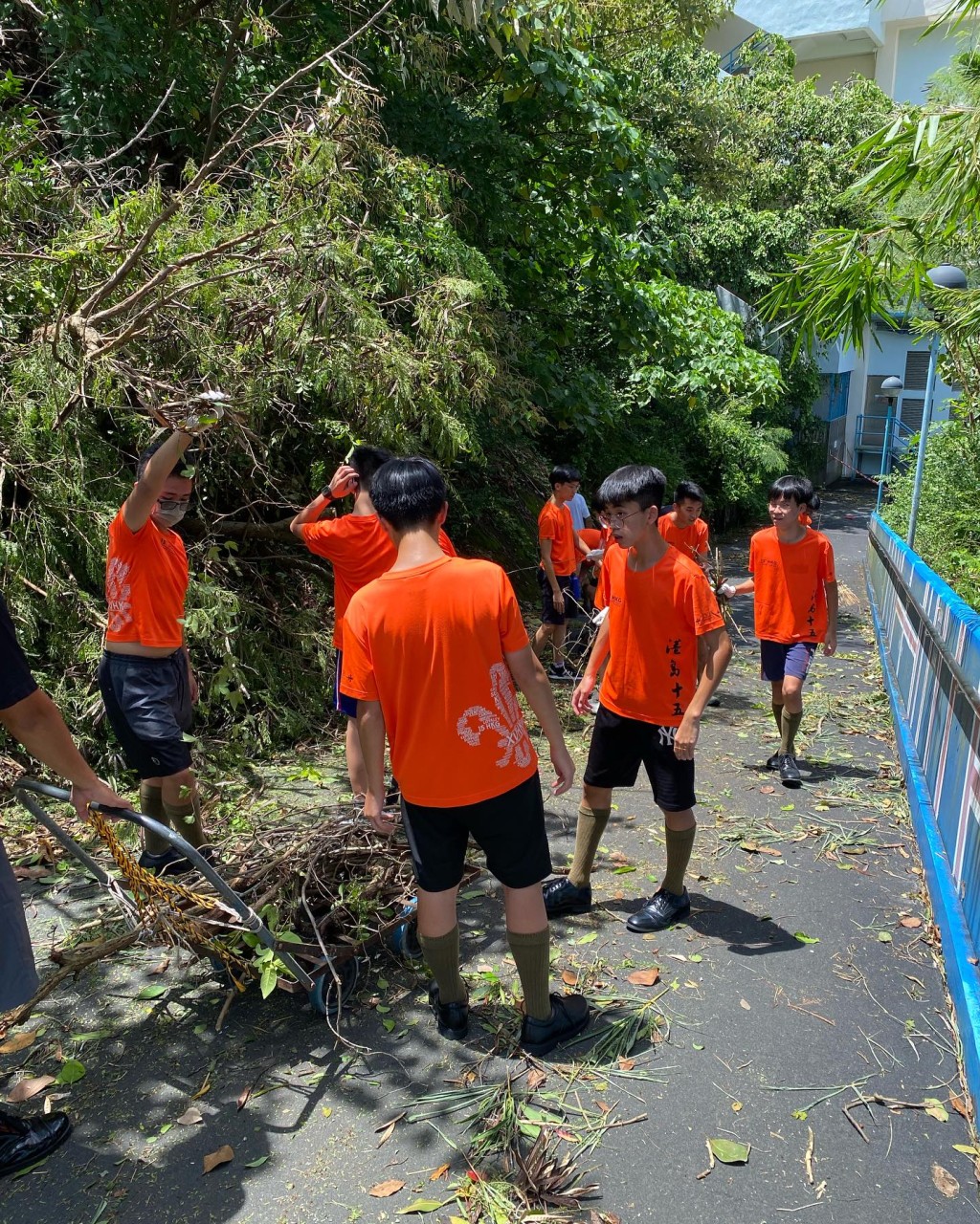 华仁书院学生协助清理校内塌树。 华仁书院图片