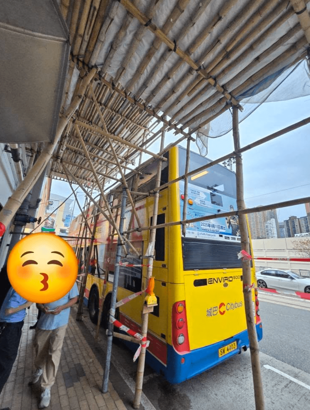 網上圖片顯示，巴士上層左邊近車尾位置一幅玻璃完全粉碎，旁邊另一幅亦出現爆裂痕跡，竹枝插入車窗情況驚險。fb「車cam L（香港群組）」